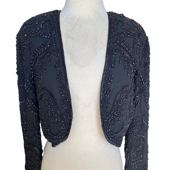 Adrianna Papell Vintage Silk Hand Beaded Cropped Jacket In Black.